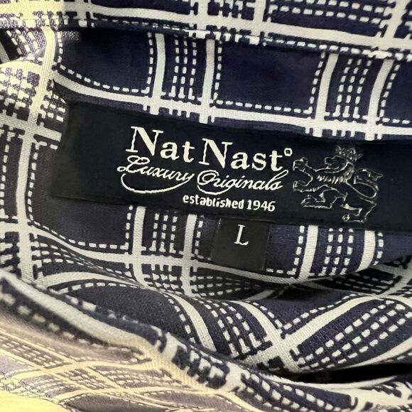 Mens Nat Nast Luxury SS Shirt L Silk Blend Blue White Check Casual - Picture 4 of 9